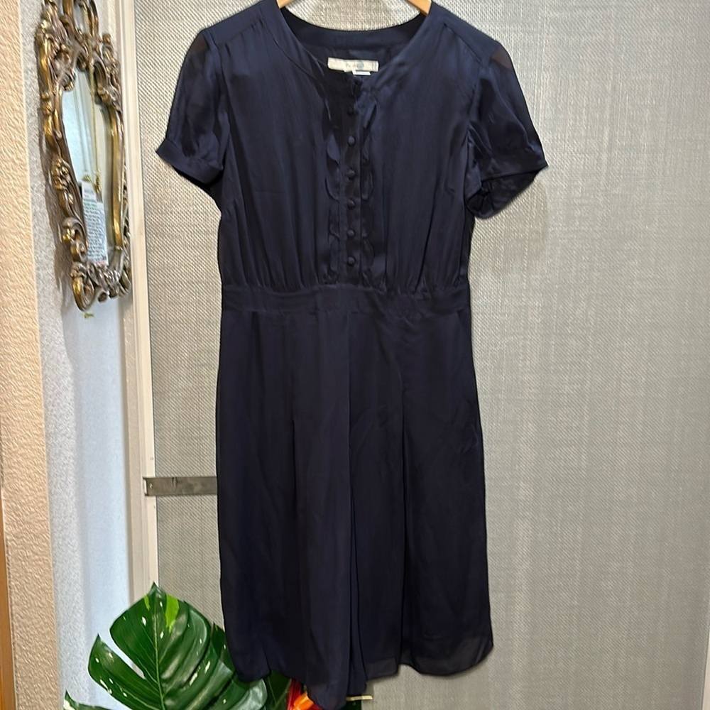 Boden Navy scalloped lined ruffle button front sheer short sleeve US 6 R/ UK 10R